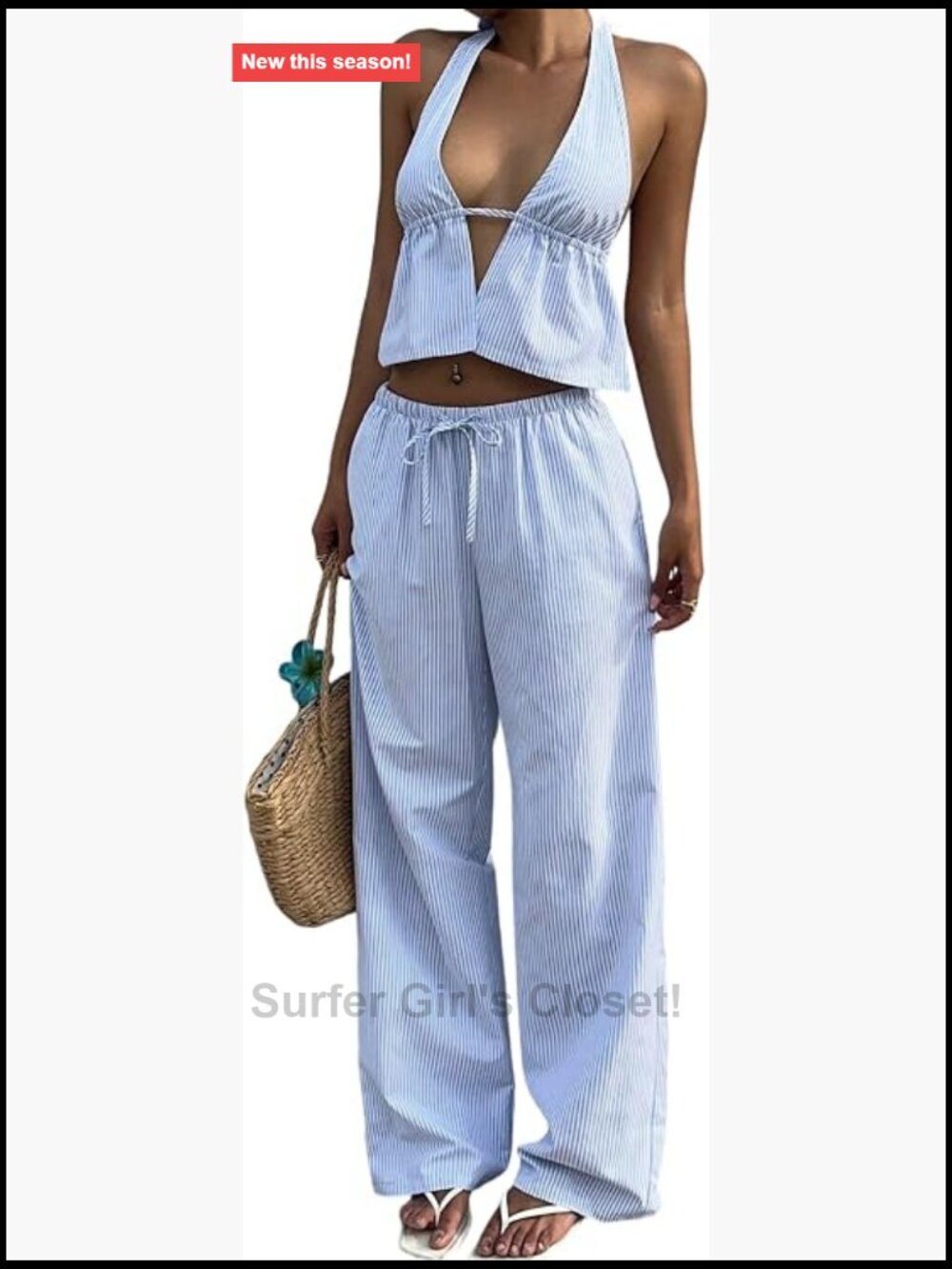 Women's 2 Piece Set Striped Halter Crop Top Wide Leg Pants Vacation Outfit